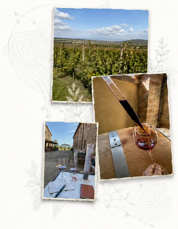 Collage: i filari del vigneto sullo sfondo delle colline umbre, il cortile della cantina e una pipetta che preleva il vino dalla botte