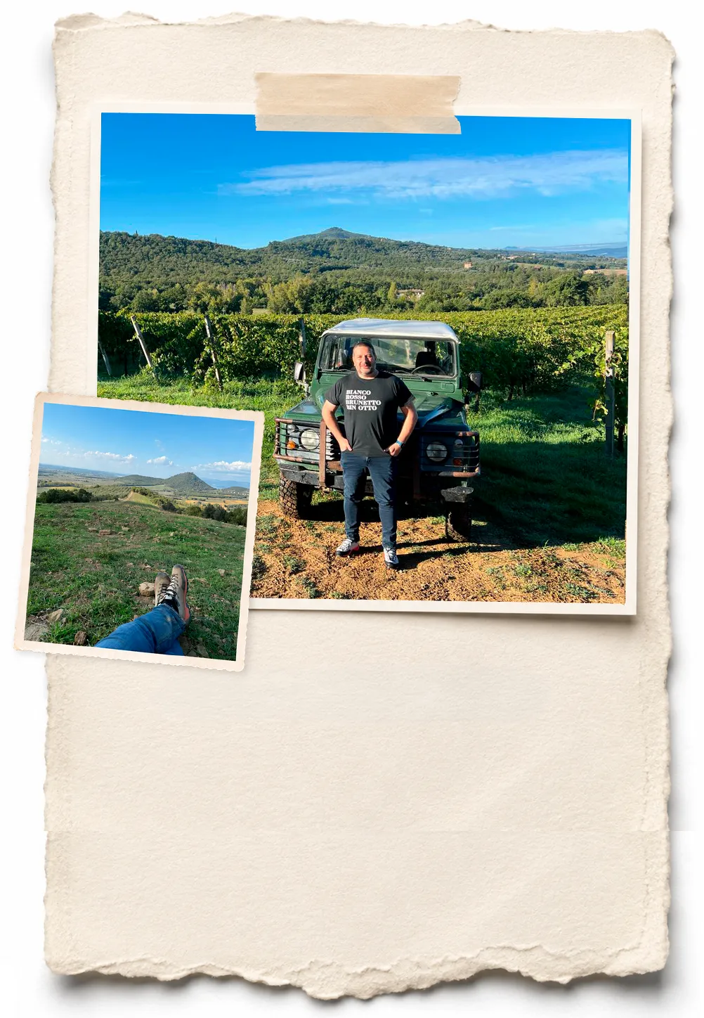 Composizione su carta: Federico Isgró accanto a un fuoristrada d’epoca tra i filari del vigneto, e una seconda foto dei suoi stivali su un poggio affacciato sulle colline umbre
